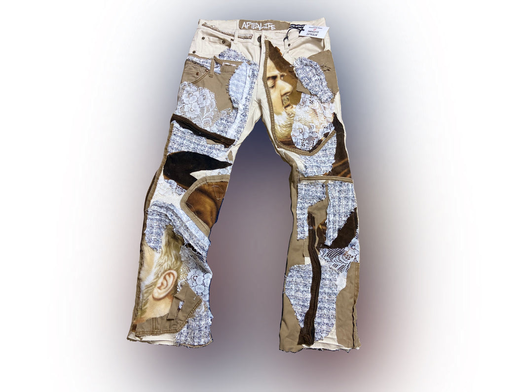 Tan “Floral faces” denim
